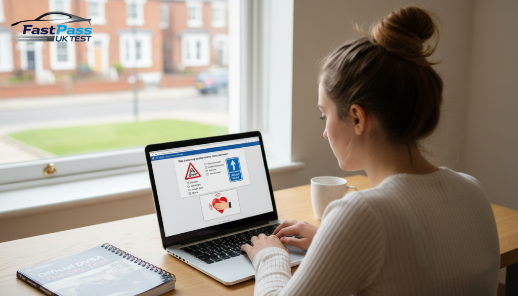 UK Driving Theory Test changes 2026 learner studying on laptop with road signs and CPR awareness