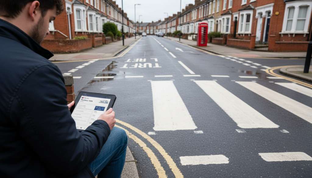 UK road with clear white and yellow road markings, learner studying road markings UK theory test 2026 on tablet, realistic urban environment, soft natural lighting, ultra realistic, 4k, professional photography