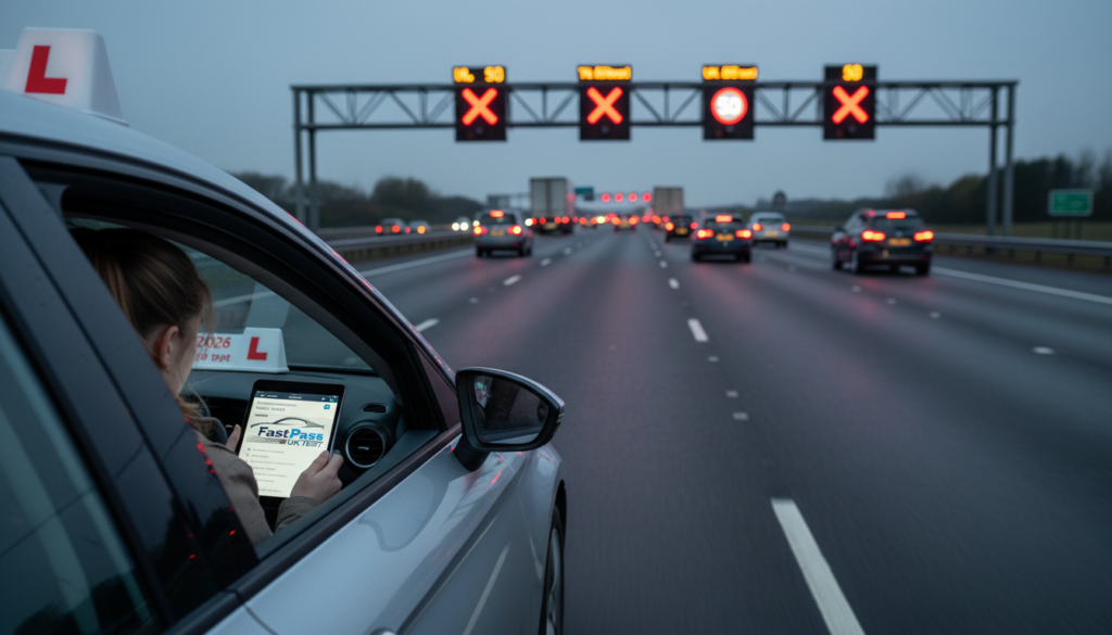motorway rules UK theory test 2026 showing smart motorway with lane signals and speed signs