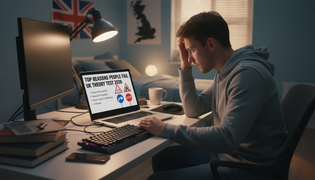 top reasons people fail UK theory test 2026 learner studying and feeling confused