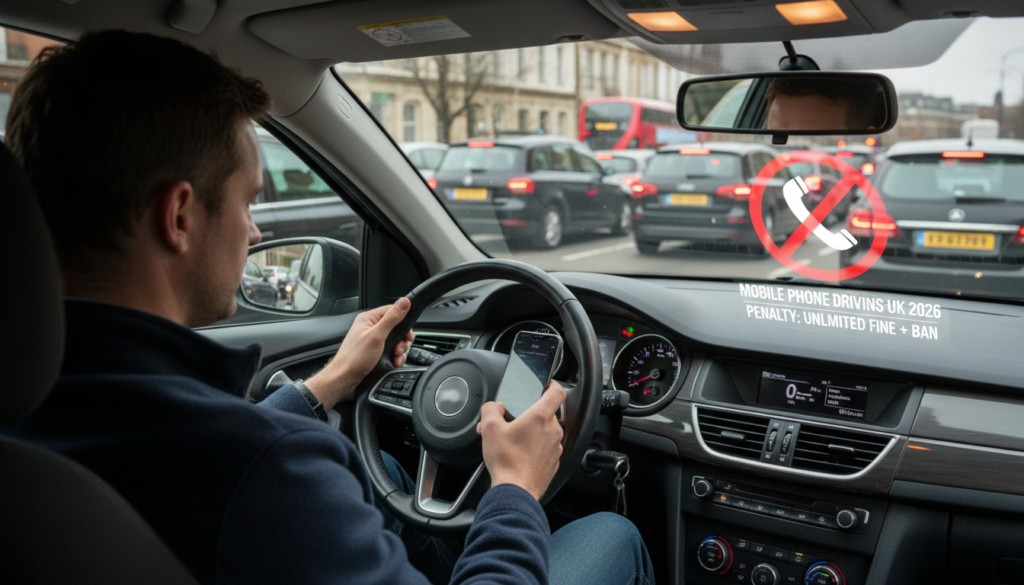 mobile phone driving laws UK 2026 showing driver using phone while driving car