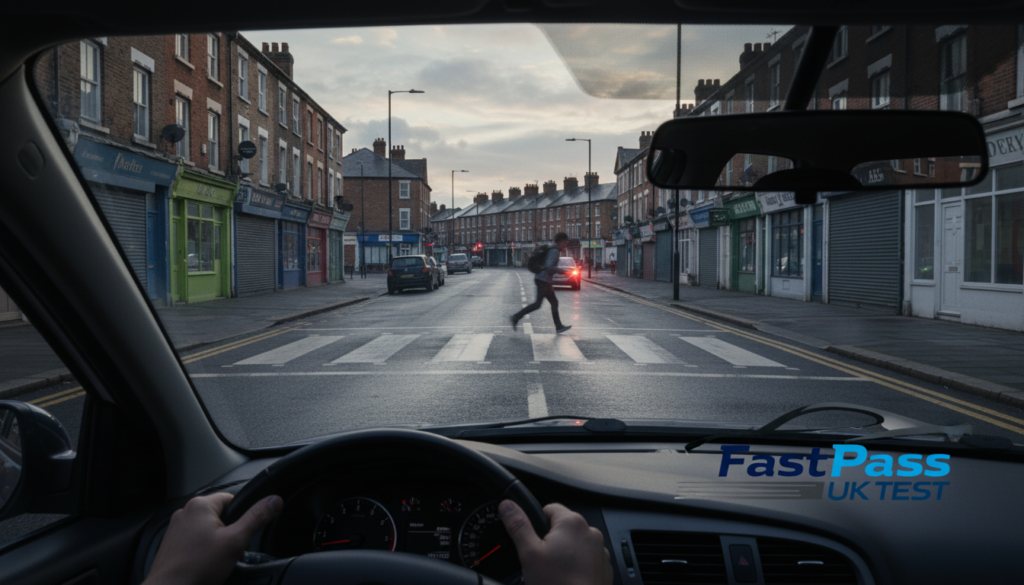 hazard perception test hard UK 2026 driver view with developing road hazard