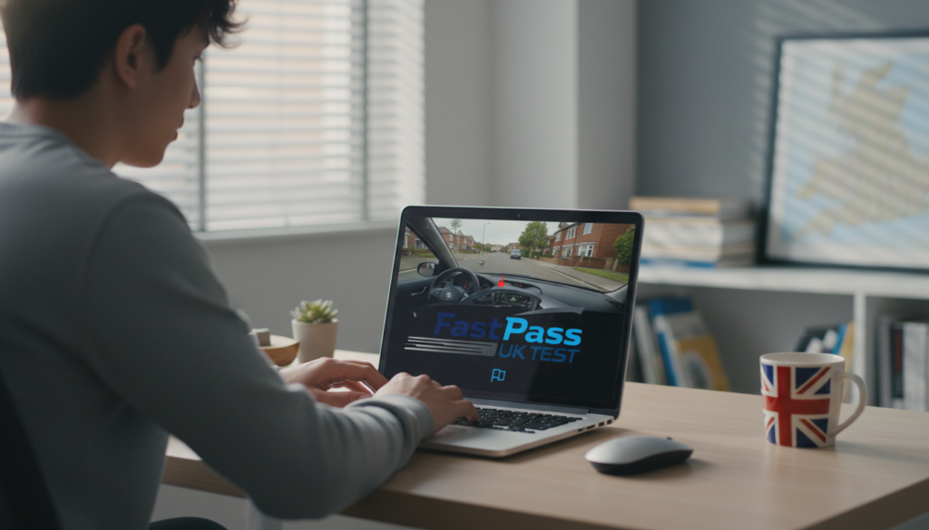 free UK theory test practice 2026 mock exam on laptop with modern study setup and hazard perception clip