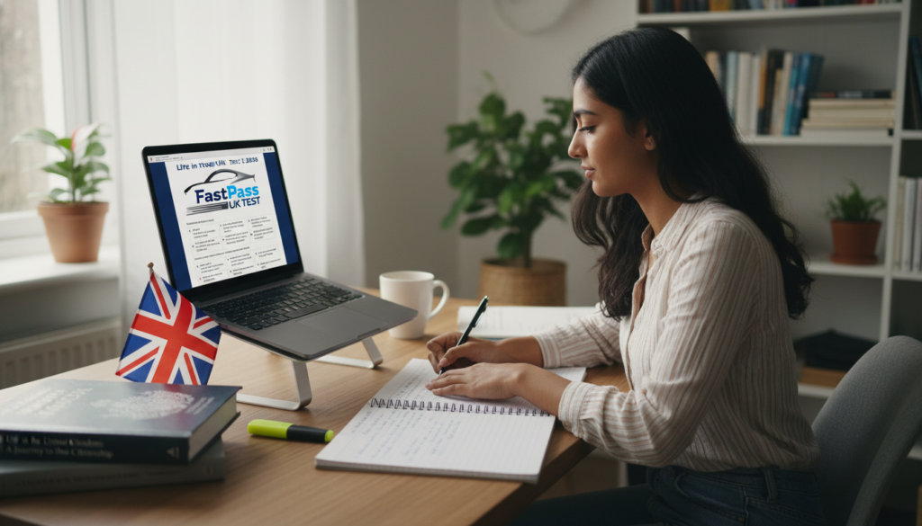 learner studying for Life in the UK Test 2026 with laptop and study materials