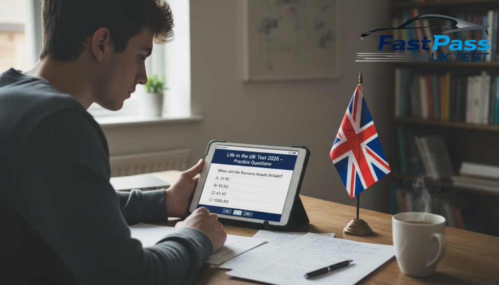 learner practicing Life in the UK Test Practice Questions 2026 on tablet with notes and British flag