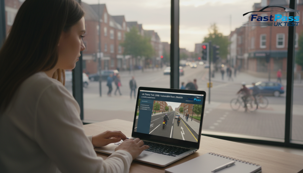 vulnerable road users theory test 2026 showing pedestrians cyclists and motorcyclists on UK road