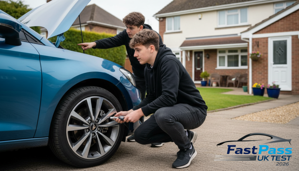 safety & your vehicle theory test 2026 showing driver checking tyres and engine before driving