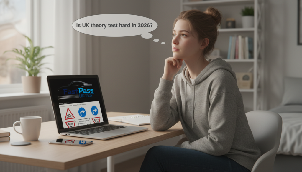 is UK theory test hard in 2026 learner studying on laptop with UK road signs
